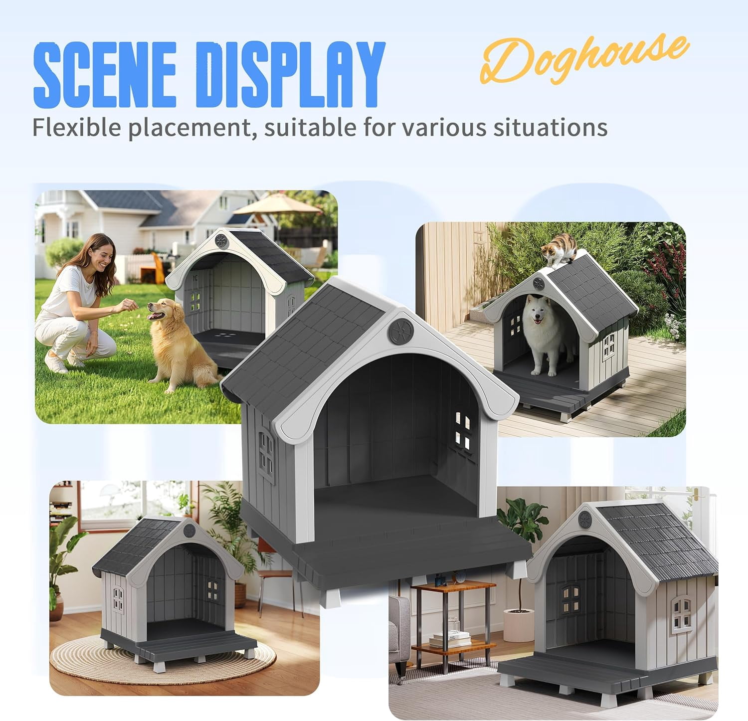 ZUCONKITCH Indoor/Outdoor Elevated Dog House with Porch, Weather-Resistant Pet Shelter with Sloped Roof & Ventilation, Durable Dog Kennel for Medium to Large Dogs