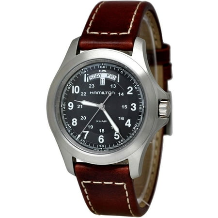 - Men's 40mm Brown Leather Band Steel Case Sapphire Crystal Quartz Black Dial Watch H64451533
