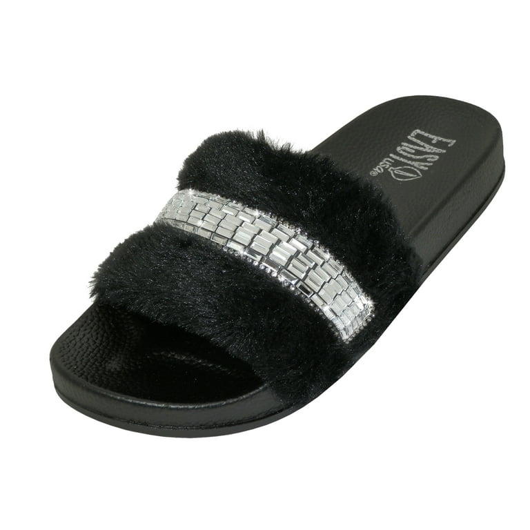 Womens Slippers with Faux Fur Flat Slides With Rhinestones Stripe