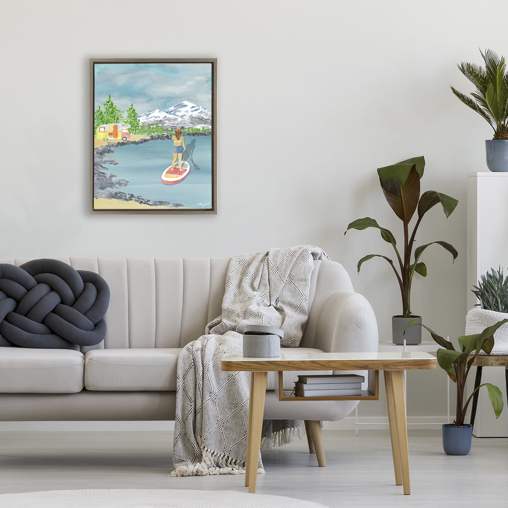 Stupell Industries Lake Tahoe Paddle Boarding Brown Framed Floater Canvas Wall Art, design by Hillary Holt