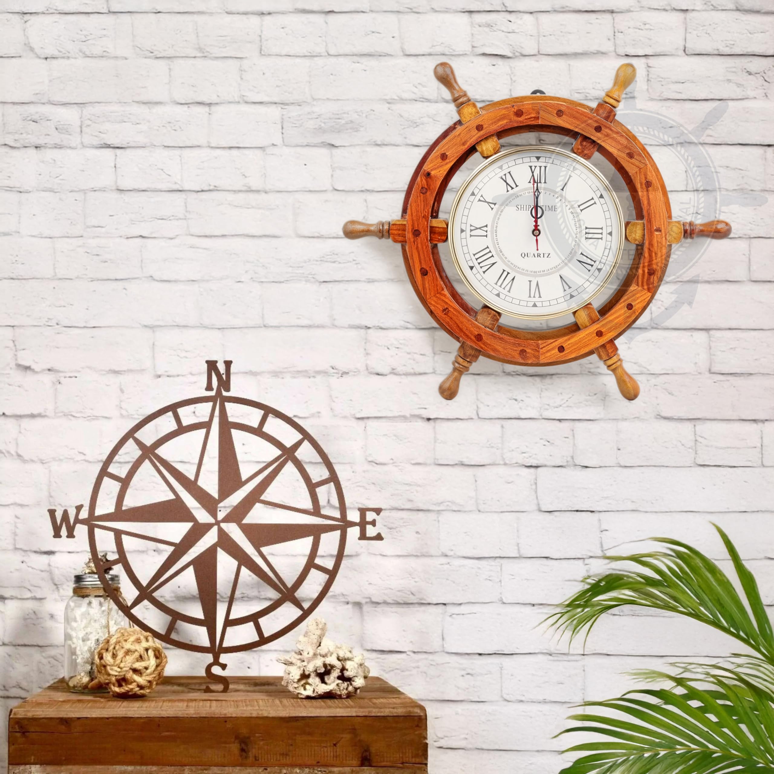 Nagina International Nautical Wooden Ship Wheel with Quartz Clock