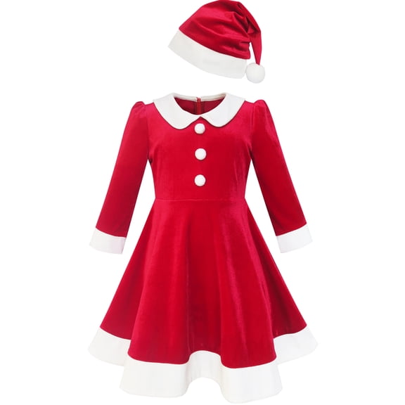 Girls Dress Christmas Hat Red Velvet Long Sleeve Holiday 4