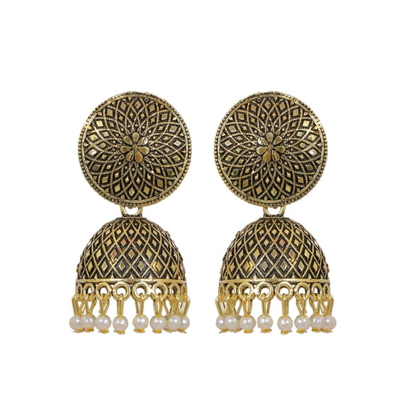 Crunchy Fashion Bollywood Jewellery Traditional Ethnic Bridal Bride Wedding BridesmaidGold-Plated Enamel Nakashi Black Pearl Pearls Jhumka Earrings