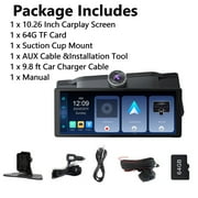 Pecham 10.26 Wireless Apple Carplay with Bluetooth, 4K 1080p Dual Dash Camera Front and Rear, Portable Car Stereo GPS Navigation with Car Audio, Airplay, Mirror Link, 64GB TF Card