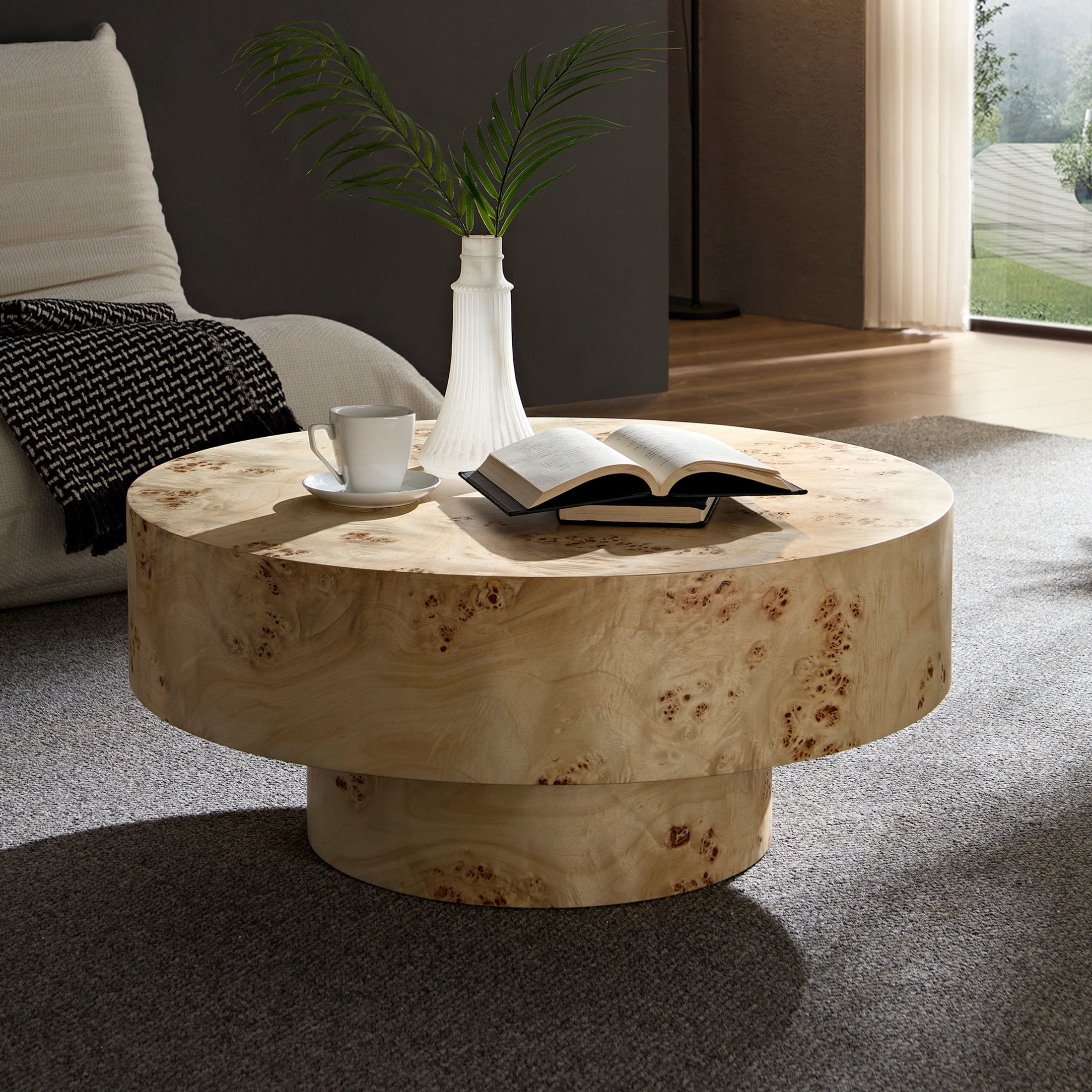 Noble House 31.49" Round Coffee Table, Burl Wood Veneer, Sturdy Drum Pedestal, Mid-Century Accent, Natural