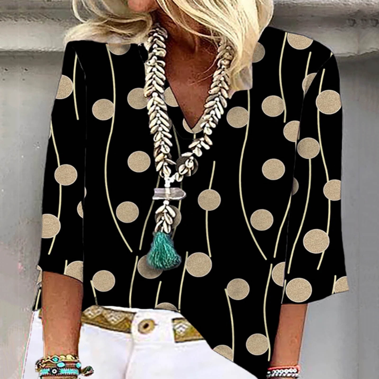 Dolkfu Plus Size Work Tops for Women Women's Fashion Printed Half Sleeves Blouse VNeck Plus