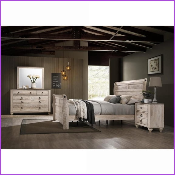 Bedroom Furniture Set - King White Wash Solid Wood Sleigh Bed Dresser Mirror & Nightstand | Sleigh Beds | Wood