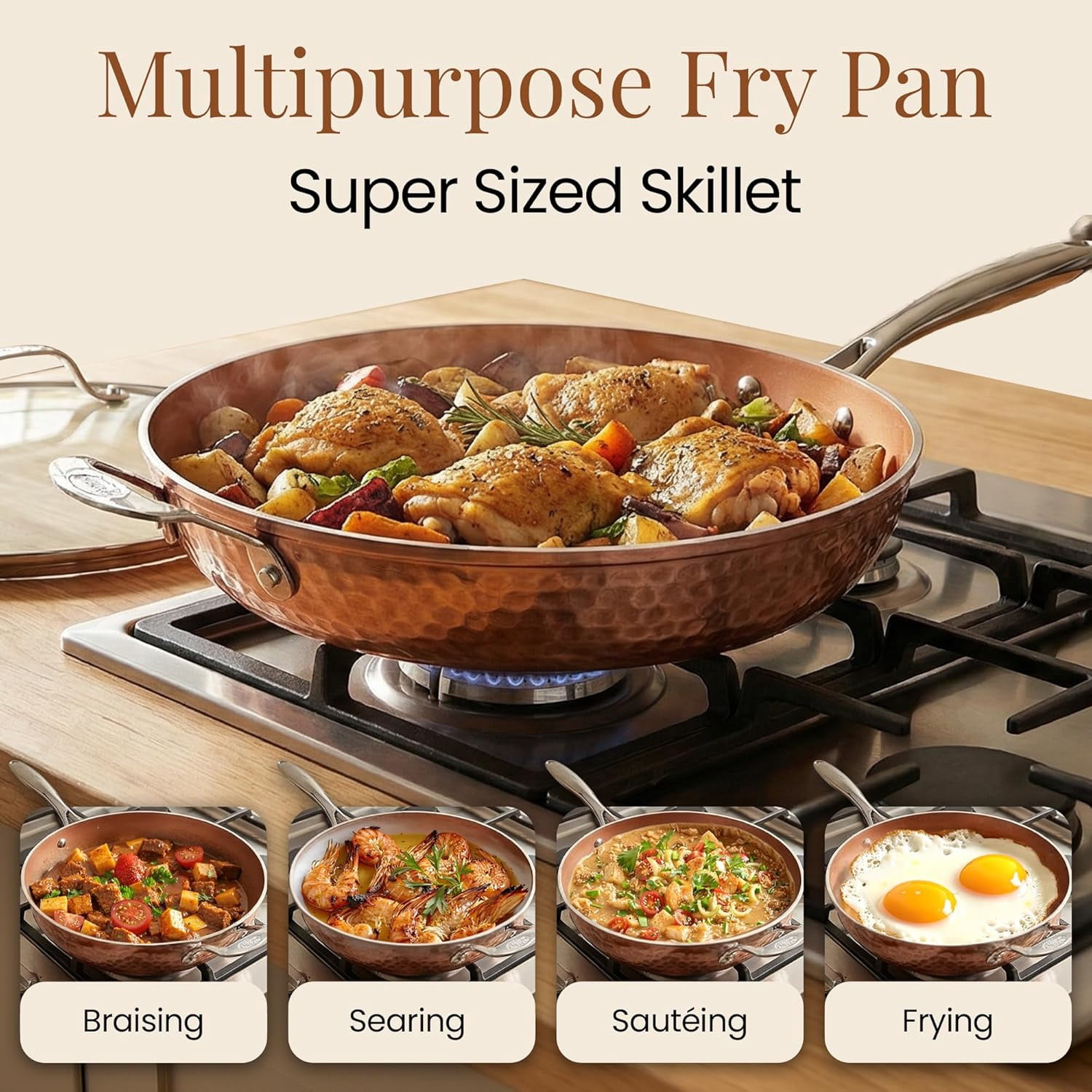 Hammered Copper 14 Inch Non Stick Frying Pan with Lid, Ceramic Coating Induction Safe Oven Dishwasher