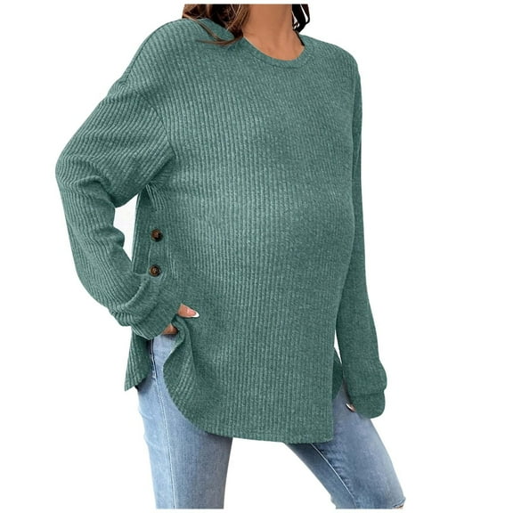 Women Maternity Ribbed Knit Sweater Casual Crewneck Long Sleeve Pullover Pregnancy Shirts Lightweight Side Split Winter Warm Sweaters