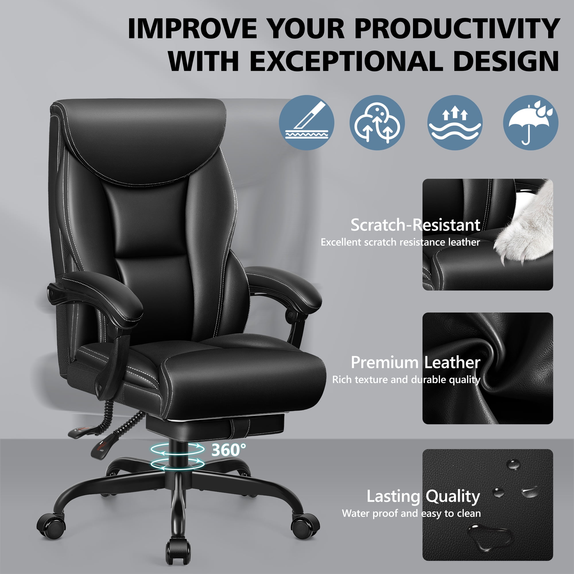 ATHOPE Executive Office Chair, 500lbs Big and Tall Leather Desk Chair with Footrest, Adjustable Height, Ergonomic Computer Chair with Lumbar Support For Home Office, Black