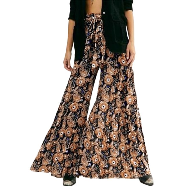 VISgogo - Pantalones palazzo con cinturón para mujer, pantalones de playa sueltos bohemios de cintura alta con estampado floral/a cuadros/cachemira VISgogo moda