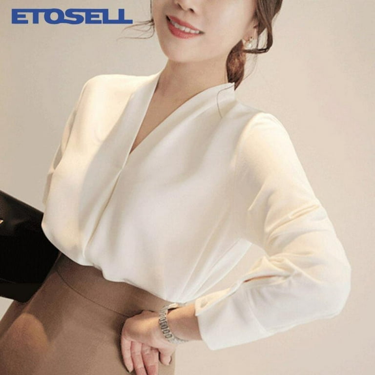 Women Korean V Neck Chain Twist Knot Long Sleeve Elegant Satin
