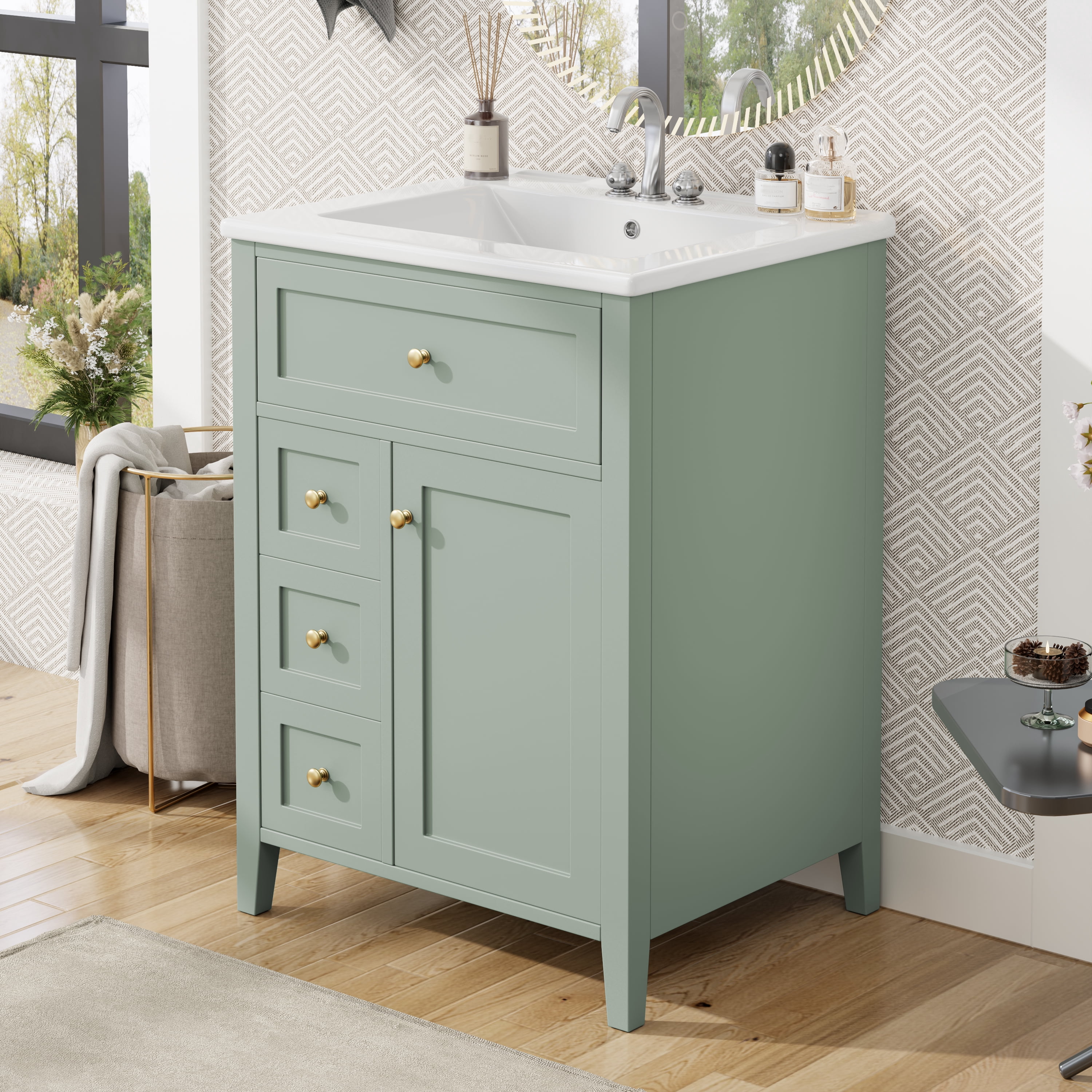 Euroco "24" Green Bathroom Vanity with Sink, MDF & Rubberwood Construction, 3 Drawers & Cabinet with Adjustable Shelves, Modern Design for Small to Medium Bathrooms"