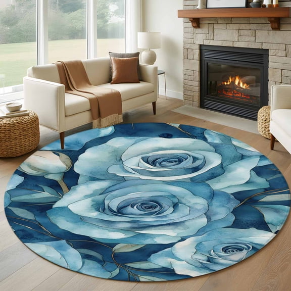 Blue Rose Flower Round Rug 5ft Washable Circle Kitchen Rugs Non Slip Vintage Modern Abstract Painting Art Large Area Rug Indoor Floor Carpet for Bedroom Living Room Home Office Dining Room Nursery