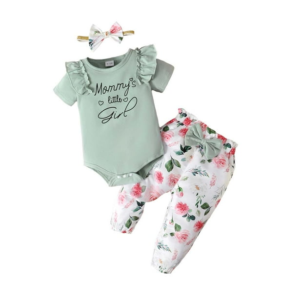 Kucnuzki 9 Months Baby Girl Summer Outfits Pants Sets 12 Months Short Sleeve Mommy's Little Girl Prints One-pieces Rompers Tops Elastic Floral Pants Headband 3PCS Set Green