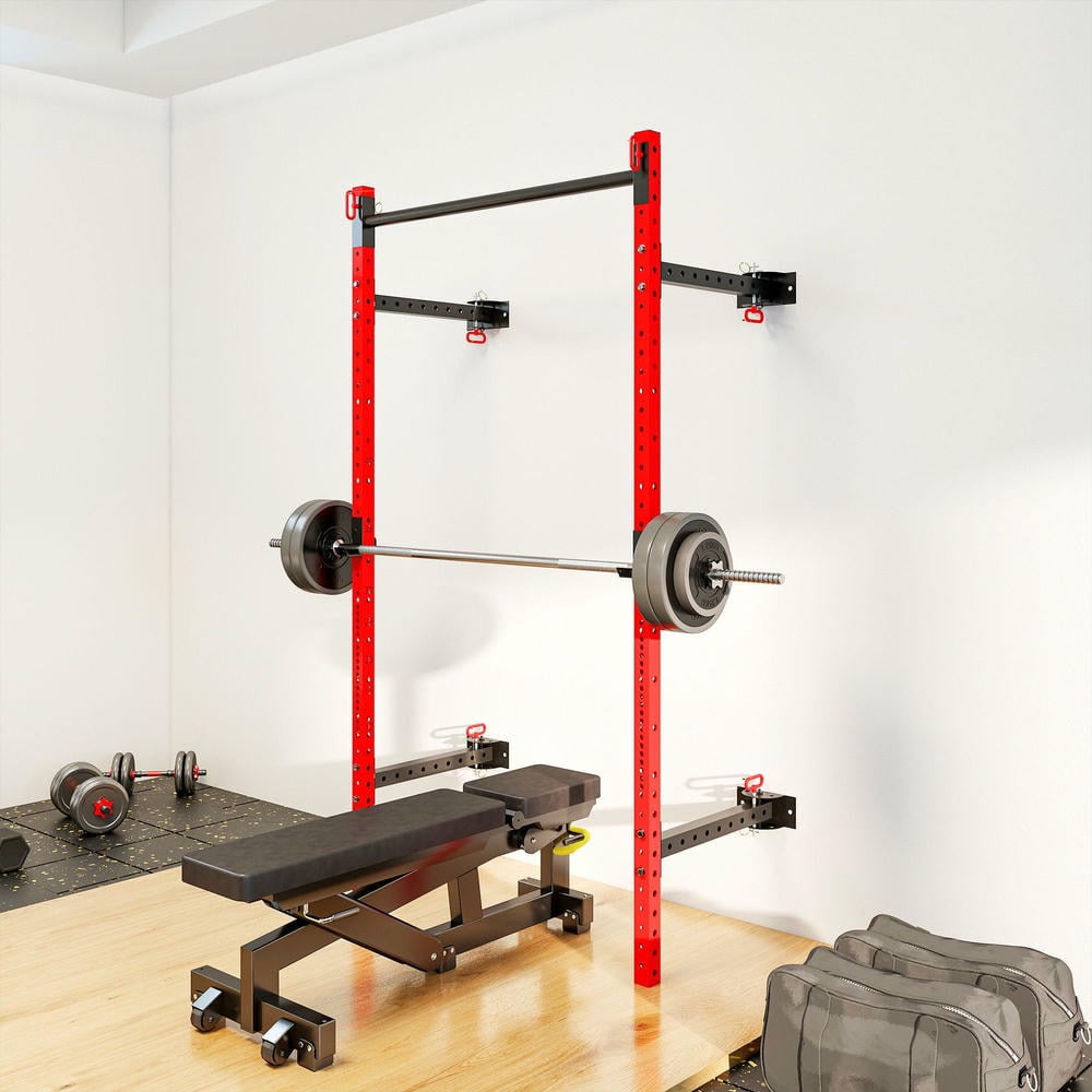 Barara King Barbell Rack with Pull Up Bar, Wall Mounted and Adjustable, Squat Rack Barbell Bench Press with 1000 Pounds Capacity, Red