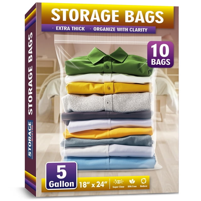 Bolsas de plástico extra grandes con cremallera de 5 galones para almacenamiento, 18'' x 24'', ideales para ropa, viajes, mudanzas, plástico transparente de 2 mil de espesor, paquete de 10