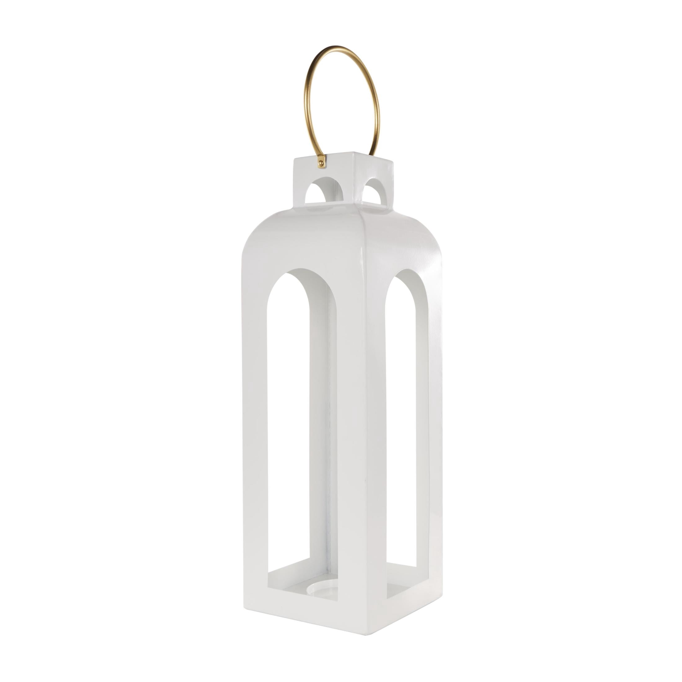 DecMode White Metal Tall Arched Cutout Candle Lantern with Gold Handle