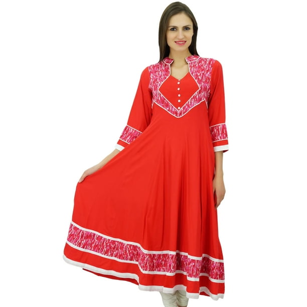 Bimba Classic Red Solid Maxi Dress Long Rayon Kurti Party Wear
