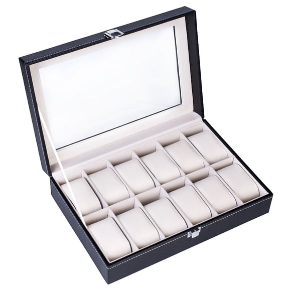 Veryke Modern 12 Cube Watch Display Box, Top-level Leather Watch Collection Box for Men Women, Black