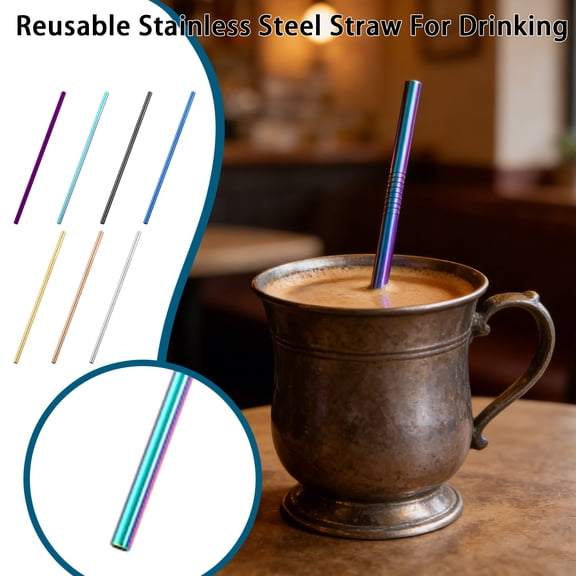 Metal Straws Reusable, Reusable Straws Metal, Stainless Steel Straws, 8.5X0.24 In, Cold Hot Beverage Access, Black Hue, Single Pack