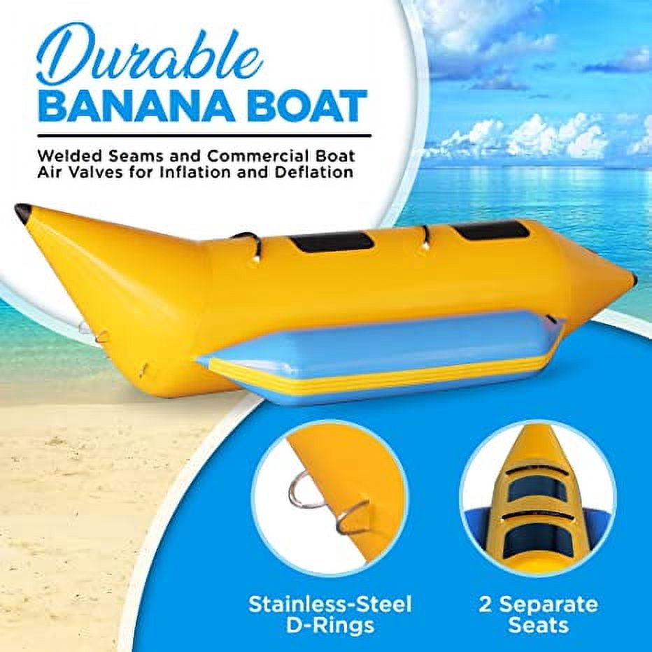 SereneLife Person Inflatable Banana Boat, Includes Storage Bag, Foot Pump, and Repair Kit, Tough and Thick, Reinforced Seats and Foot Areas. (Yellow)