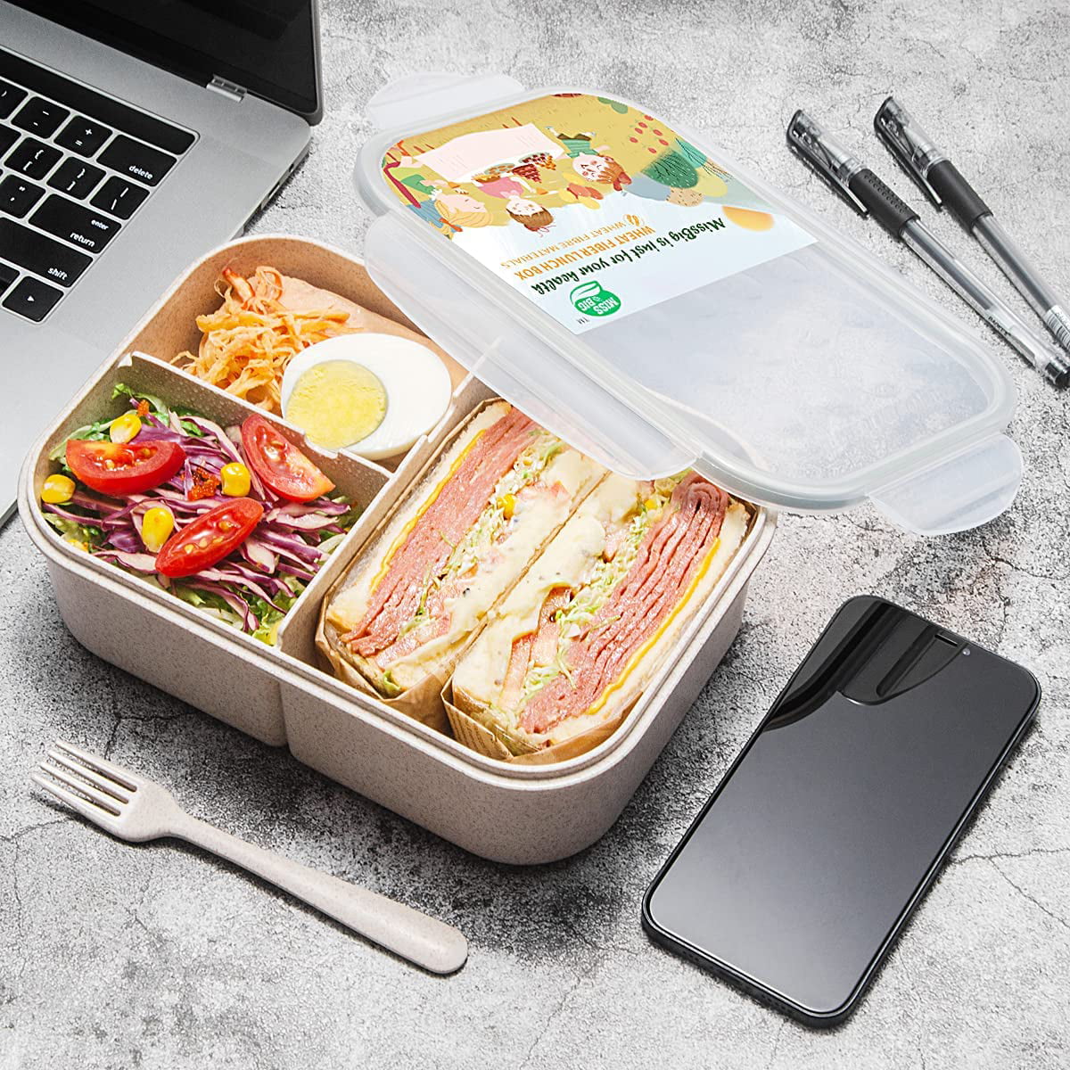 Lnkoo Kids Bento Box,1400ml Leakproof Lunch Containers Cute Lunch Boxes for Kids with Utensils & Dividers Bento Boxes for Adults, Dishwasher 