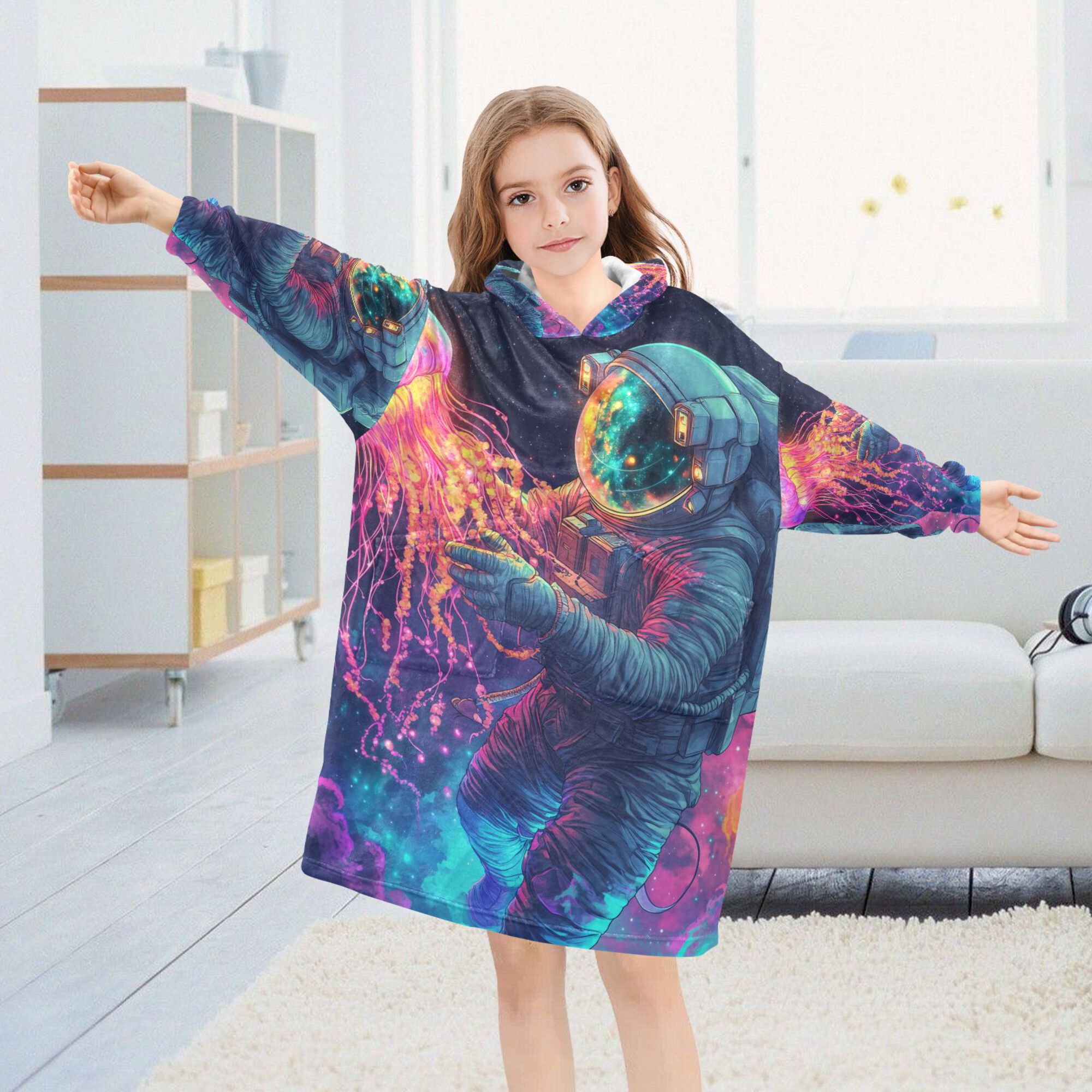 FORMRS Wearable Blanket Hoodie with Sleeves for Kids Cozy Flannel Sweatshirt, Space Astronaut