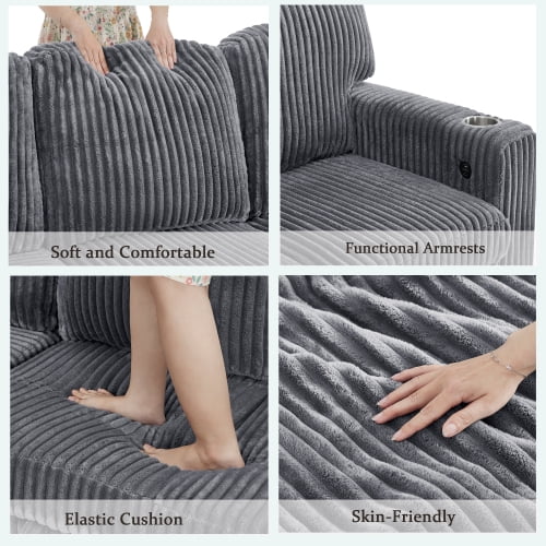 Howcool Modular Sectional Sleeper Sofa, 81" L-Shaped Oversized Cloud Couch with Pull-Out Bed, 5-Seat Corduroy Sofa with Storage Chaise, USB Charging and Cup Holders for Living Room Apartment,Gray