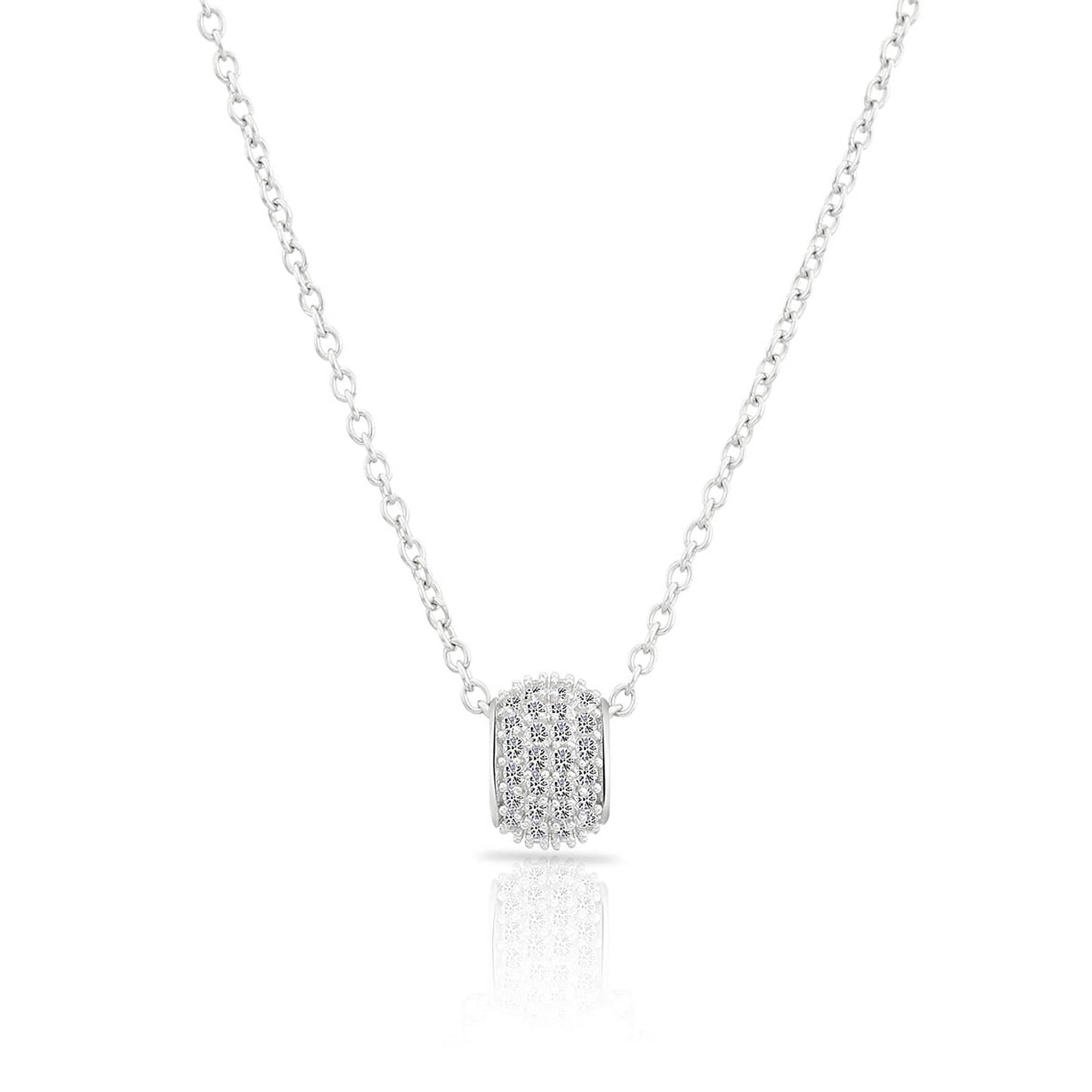 Sterling Silver Cubic Zirconia Mini Bead Barrel Pendant Necklace
