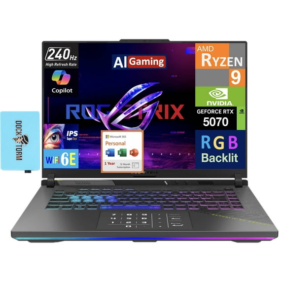 ASUS ROG Strix G16 AI Gaming Laptop 16.0in 240Hz IPS WQXGA Display (AMD Ryzen 9 9955HX, NVIDIA GeForce RTX 5070 8GB, 64GB DDR5, Win 11 Home) w/Microsoft 365 Personal , DKZ USB Port Expander