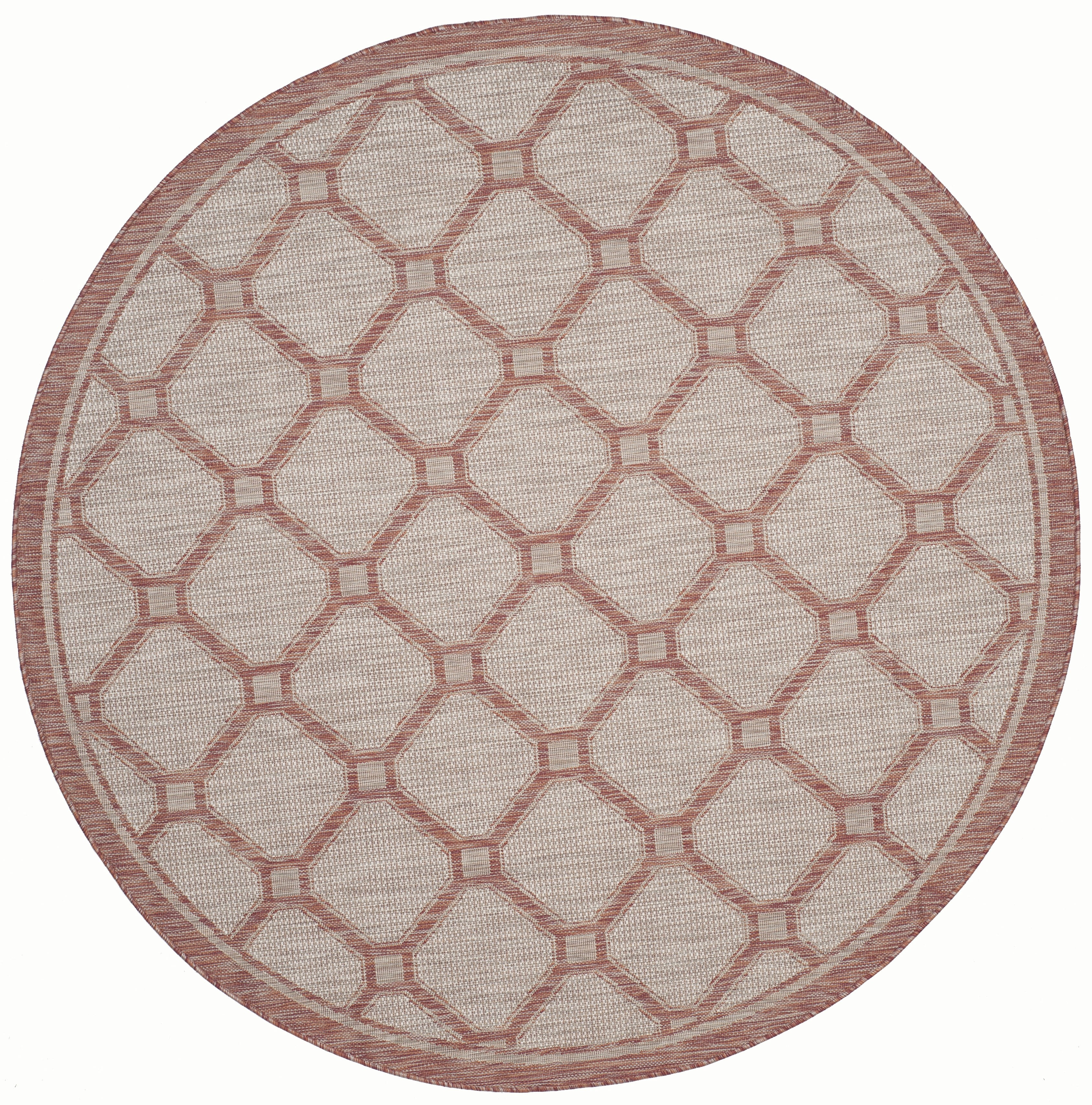 SAFAVIEH Courtyard Maksim Geometric Bordered Indoor/Outdoor Area Rug, 6'7" x 6'7" Round, Red/Beige