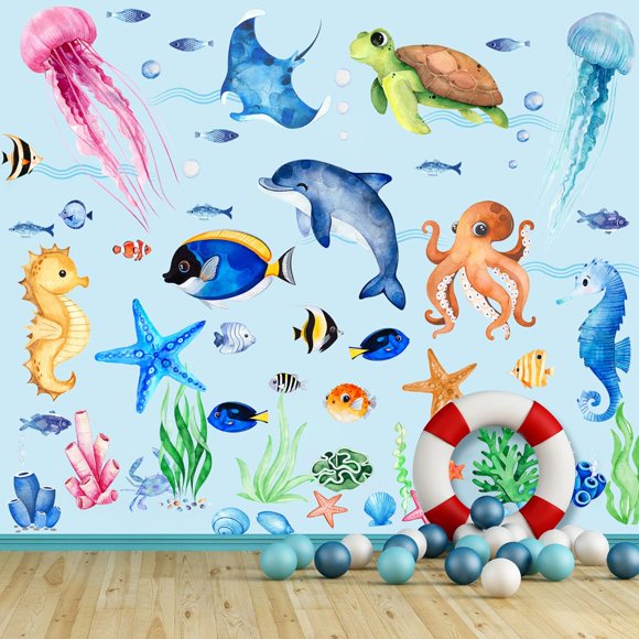 Ocean Fish Wall Decals Stickers Under The Sea, 4 Sheets Removable Sea Life Marine Animal Underwater Ocean Creatures for Kids Girls Boy Nursery Bedroom Bathroom