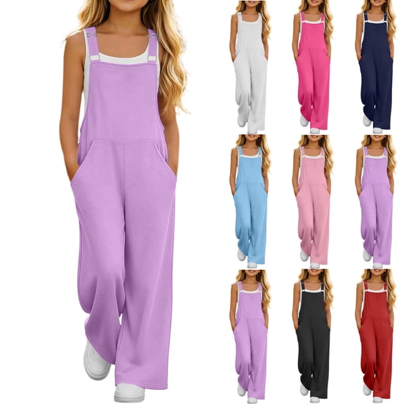 MKOSPLRT Girls Overalls Kids Casual Sleeveless Wide Leg Jumpsuit Loose Rompers with Pockets 5-14 Years for Travel Vacation