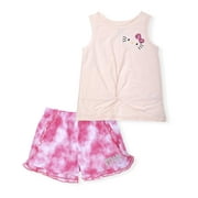 Hello Kitty Girls 2-Piece Fashion Tee Shirt and Active Short Set with Tie Front Top and Fashion Dolphin Shorts Summer Clothes for Little Girls (Pink Tie Dye, 8/10)
