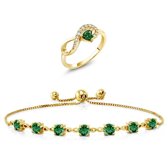 Gem Stone King 18K Yellow Gold Plated Silver Green Nano Emerald Ring and Bracelet Jewelry Set for Women | 3.37 Cttw | Gemstone May Birthstone | Heart Shape 4MM | Round 4.5MM | Size 9