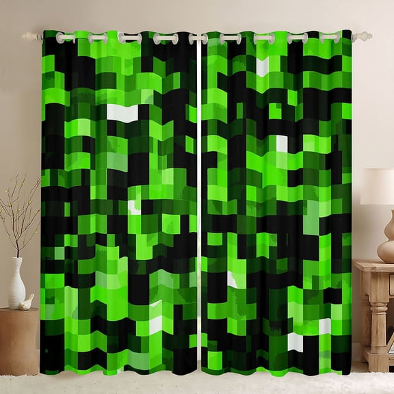 Manfei Pixel Grid Miners Black Out Curtains,Geometric Check Curtains Pack of 2 (42x63 Each),Green Patchwork Pixel Buffalo Bedroom Curtains For Girls Boys,Breathable Home Decor
