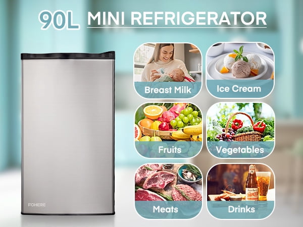 3.2 Cu.ft Mini Refrigerator with 7 Temp Control, FOHERE Compact Fridge with Freezer, Low Noise, Stainless Steel