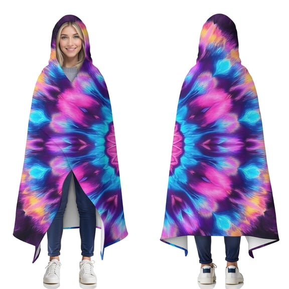 Wearable Blanket,Colorful Tie Dye Mandala Pattern Hooded Wearable Flannel Blanket for Adults & Teens,Winter Poncho Shawl Wrap Cape Cozy Anti-Pill,50"x60"