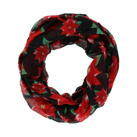 Christmas Scarfs David & Young Christmas Holiday Poinsettia Print Infinity Loop Scarf (Women's) ()