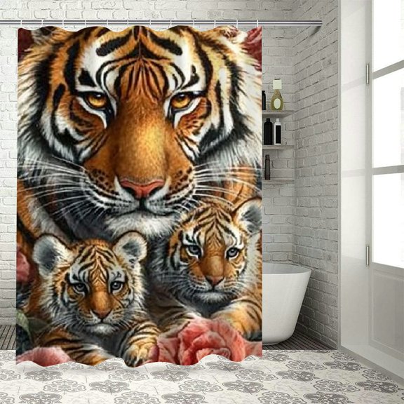 Autua Tiger Cubs Roses Shower Curtain Set 100% Polyester Bathroom Decoration with Hooks 36"x72