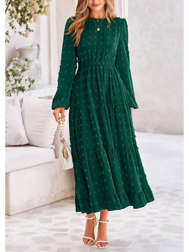 elegant going out dresses Women's Fall Elegant Long Sleeve Maxi Dress Swiss Dot A Line Flowy Casual  Holiday Party Going Out Dresses