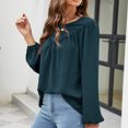 thumbnail image 3 of Blusas de manga larga para mujer, Color puro, cierre de botones, holgadas, informales, cuello redondo, parte delantera plisada, Top de gasa, azul, verde, XXL, 3 of 6