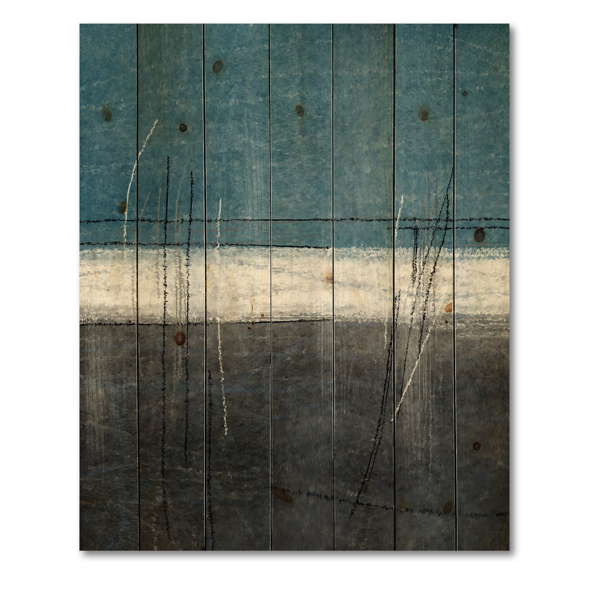 Designart 'Grey Meet Teal Abstract Art' Modern Print on Natural Pine Wood