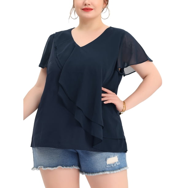 Blusa de mujer de talla grande Agnes Orinda con mangas de murciélago, escote en V y capas de volantes, 2X azul marino
