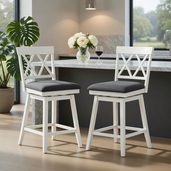 Spaco White 24 Inch 360° Swivel Counter Height Bar Stools Set of 2 with Backrest, Comfortable Kitchen Stools for Dining Island Pub