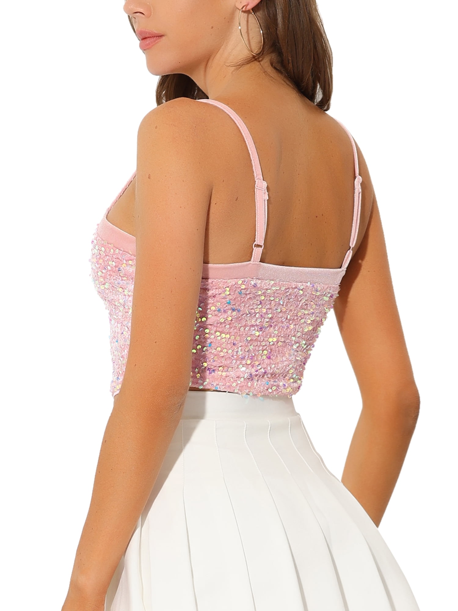 DARING DIVA Women's Velvet Spaghetti Strap Glitter Sequin Cami Top XS Pink