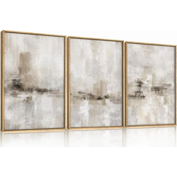 FCCUYE 3 Pcs Neutral Abstract Framed Wall Art, Mid Century Modern Canvas Wall Decor, Boho Geometric Line Wall Painting, Beige Minimalist Textured Art Print for Living Room Bedroom Office - 16x24inch