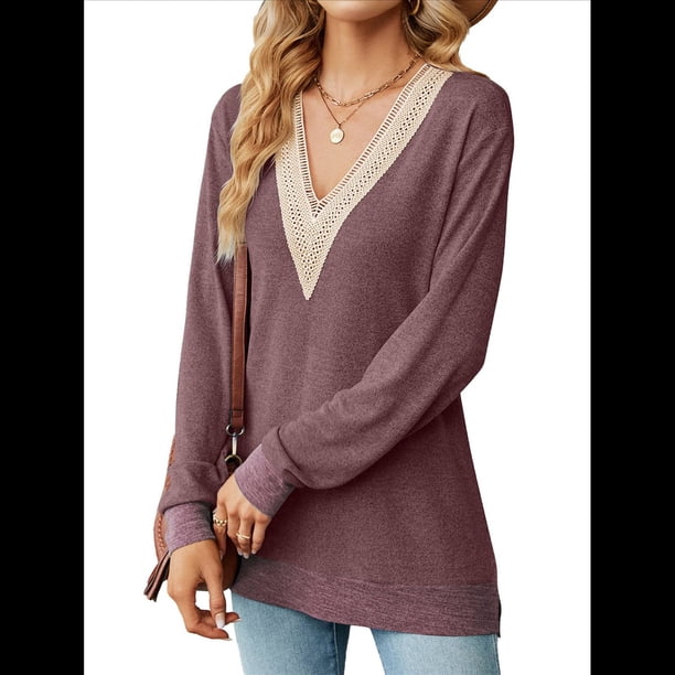 Blusas de Otoño para Mujer, con Escote en V, Encaje, Larga, Holgadas, con Ribete de Bloques de Color, Moda 2025 Rojo Púrpura M