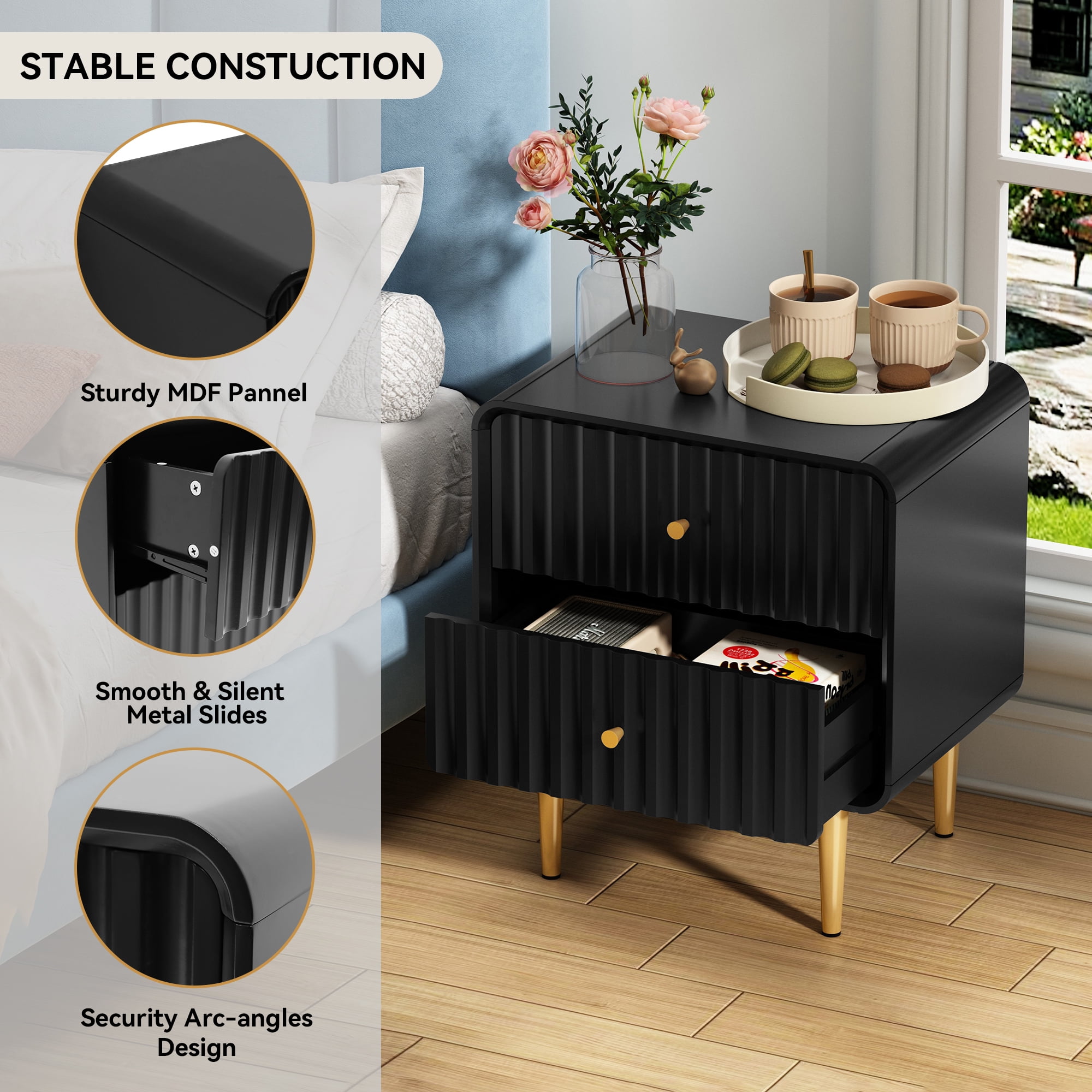 HLR Modern Fluted Wood Nightstand Set of 2 with 2 Drawers, Bedroom Black Bed SideTable with Storage